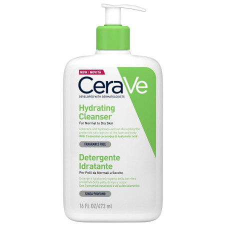 Flacone con dispenser di Cerave Detergente Viso Idratante per pelli secche.
