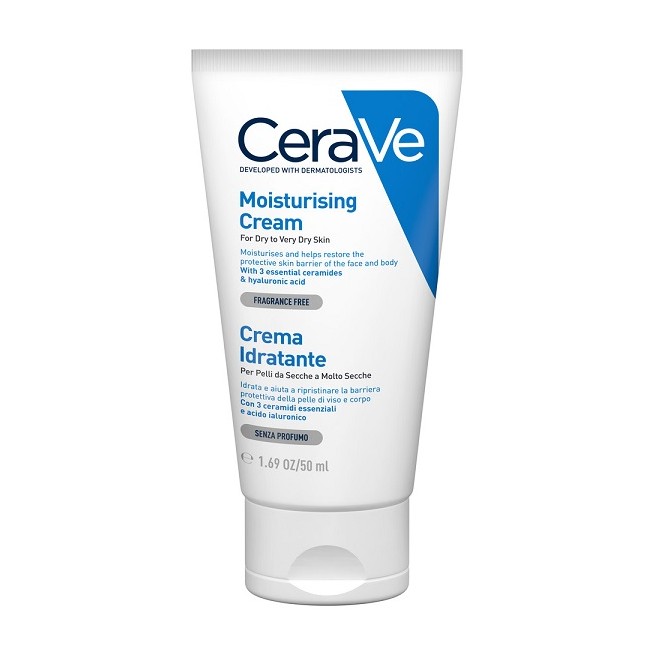 Tubo da 50 ml di Cerave Crema Idratante Emolliente Viso Corpo Per Pelli Molto Secche.