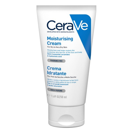 Tubo da 50 ml di Cerave Crema Idratante Emolliente Viso Corpo Per Pelli Molto Secche.