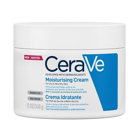 Vaso da 340 grammi di Cerave Crema Corpo Idratante Nutriente per pelle molto secca. Vaso da 340 grammi di Cerave Crema Corpo Idratante Nutriente per pelle molto secca.