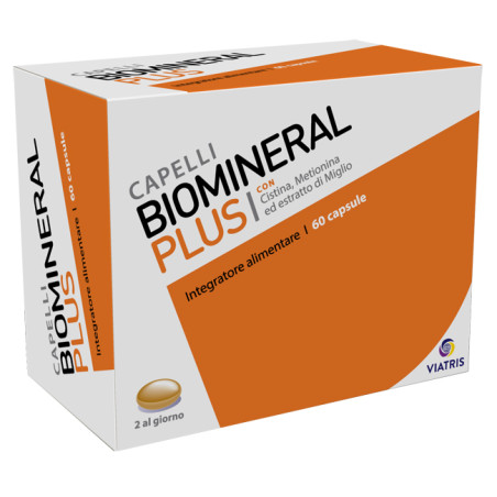Confezione da 60 capsule di Biomineral Plus integratore contro la caduta dei capelli.