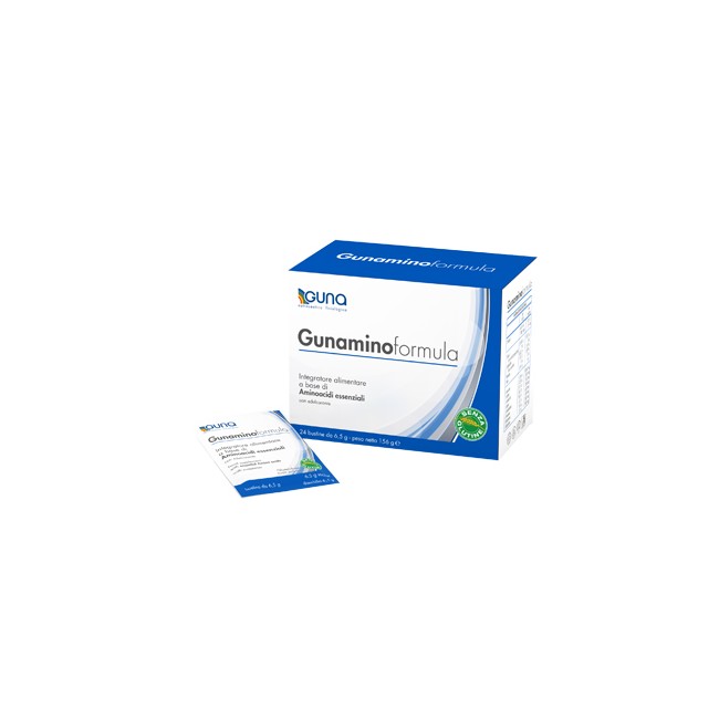 Confezione da 24 bustine di Guna Gunamino Formula, integratore per il mantenimento della massa magra. Confezione da 24 bustine di Guna Gunamino Formula, integratore per il mantenimento della massa magra.