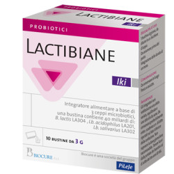 Confezione da 10 bustine di Biocure Lactibiane IKI, integratore di fermenti lattici per disordini intestinali.