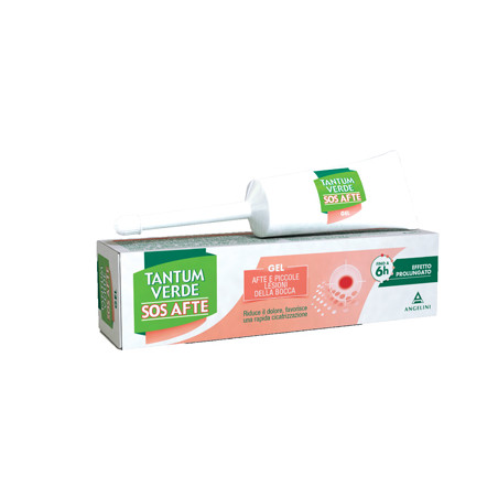 Tubo da 8 ml di Tantum Verde SOS Afte gel, prodotto per il trattamento di afte e lesioni della bocca. Tubo da 8 ml di Tantum Verde SOS Afte gel, prodotto per il trattamento di afte e lesioni della bocca.