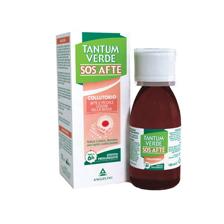 Flacone da 120 ml di Tantum Verde SOS Afte, collutorio per contrastare afte e lesioni della bocca. Flacone da 120 ml di Tantum Verde SOS Afte, collutorio per contrastare afte e lesioni della bocca.