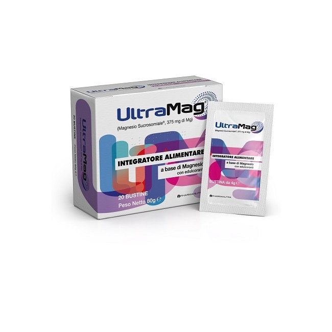 Confezione da 20 bustine di UltraMag, integratore per stanchezza fisica e mentale. Confezione da 20 bustine di UltraMag, integratore per stanchezza fisica e mentale.