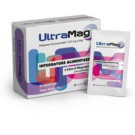 Confezione da 20 bustine di UltraMag, integratore per stanchezza fisica e mentale.