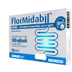 Confezione da 10 capsule di Sandoz Flormidabil Ricarica Integratore Di Fermenti Lattici Per Il Microbiota Intestinale.