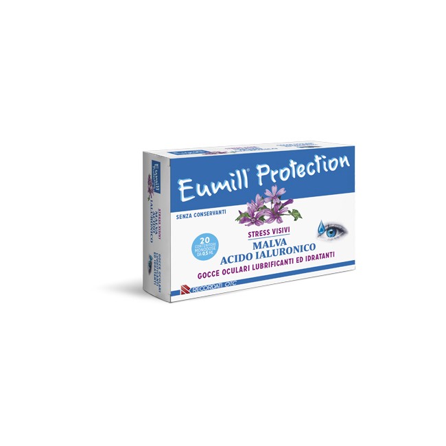 Confezione con 20 flaconcini monodose di Eumill Protection, collirio per occhi stanchi e arrossati. Confezione con 20 flaconcini monodose di Eumill Protection, collirio per occhi stanchi e arrossati.