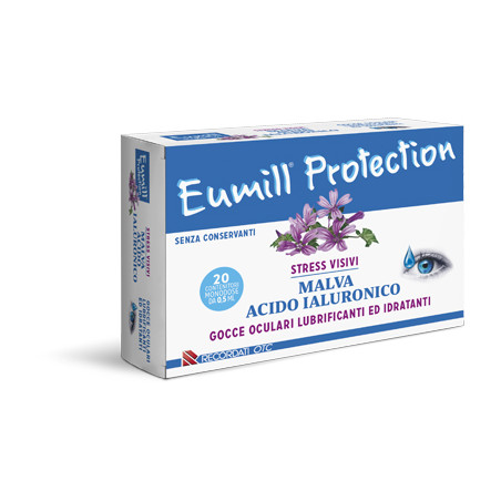 Confezione con 20 flaconcini monodose di Eumill Protection, collirio per occhi stanchi e arrossati.