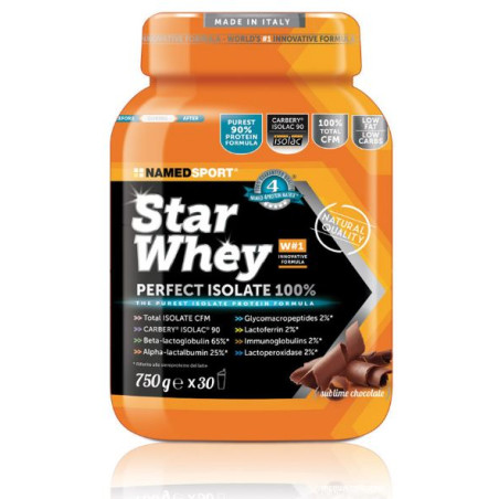 Barattolo da 750 grammi di Named Sport Star Whey Perfect Isolate 100%, integratore di proteine per sportivi.
