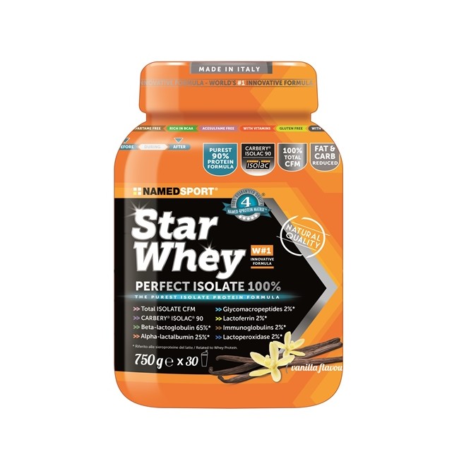 Barattolo d 750 grammi di Named Sport Star Whey Perfect Isolate 100%, integratore per supporto proteico gusto vaniglia.