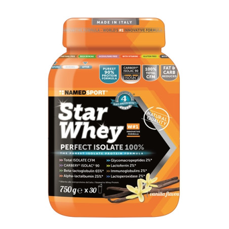 Barattolo d 750 grammi di Named Sport Star Whey Perfect Isolate 100%, integratore per supporto proteico gusto vaniglia.