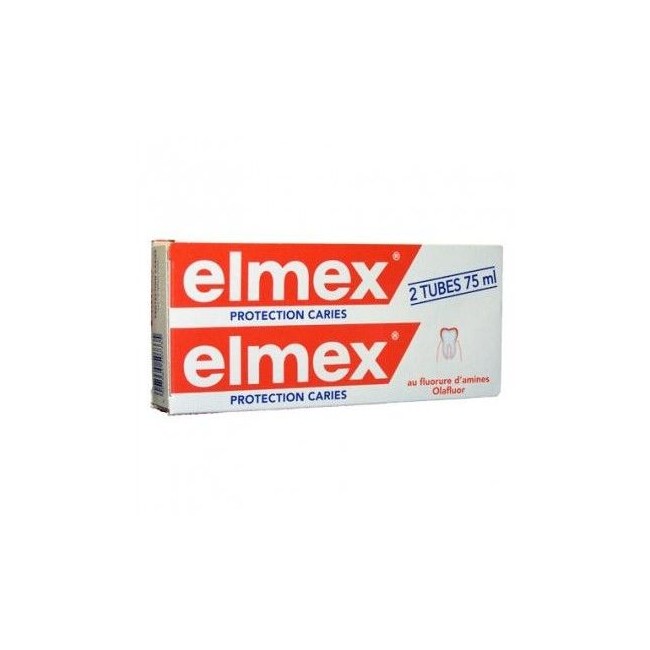 Confezione contenente 2 tubi da 75 ml di Elmex Protezione Carie, dentifricio per rinforzare lo smalto dentale. Confezione contenente 2 tubi da 75 ml di Elmex Protezione Carie, dentifricio per rinforzare lo smalto dentale.