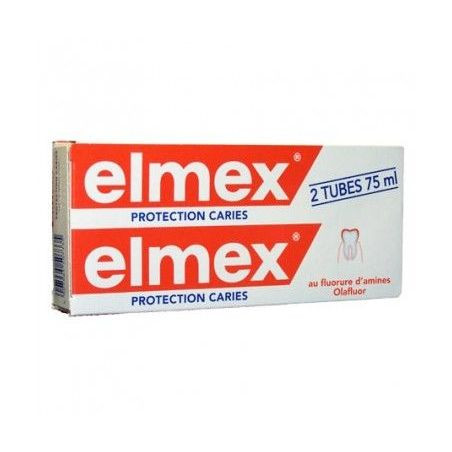 Confezione contenente 2 tubi da 75 ml di Elmex Protezione Carie, dentifricio per rinforzare lo smalto dentale. Confezione contenente 2 tubi da 75 ml di Elmex Protezione Carie, dentifricio per rinforzare lo smalto dentale.