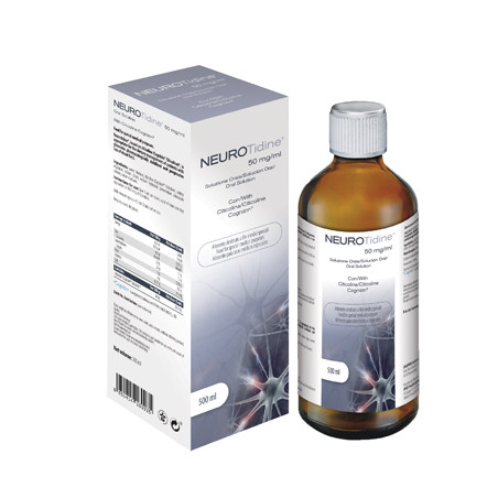 Flacone da 500 ml di Omikron Neurotidine 50 mg/ml. soluzione orale contro il glaucoma.