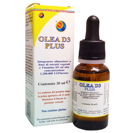 Flacone da 20 ml di Herboplanet Olea D3 Plus, integratore di vitamina D per ossa e difese immunitarie. Flacone da 20 ml di Herboplanet Olea D3 Plus, integratore di vitamina D per ossa e difese immunitarie.