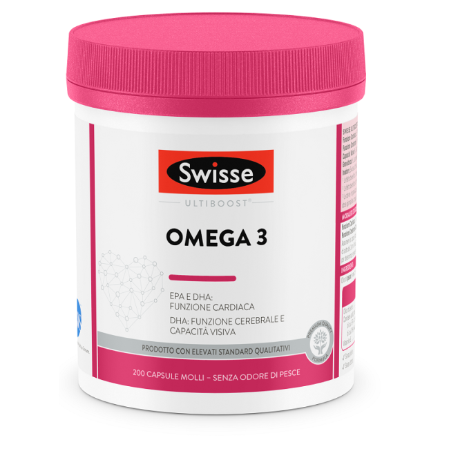 Flacone da 200 capsule di Swisse Omega 3, integratore per la salute cardiaca e nervosa.