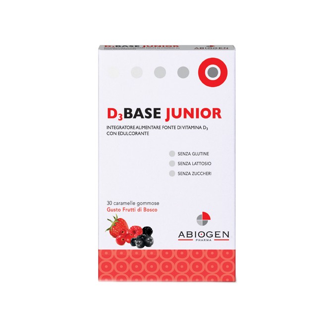 Confezione da 30 caramelle di D3Base Junior, integratore per la crescita delle ossa dei bambini.