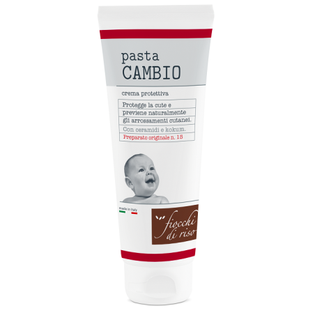 Tubo da 100 ml di Fiocchi Di Riso Pasta Cambio, crema protettiva per il cambio pannolino del neonato. Tubo da 100 ml di Fiocchi Di Riso Pasta Cambio, crema protettiva per il cambio pannolino del neonato.
