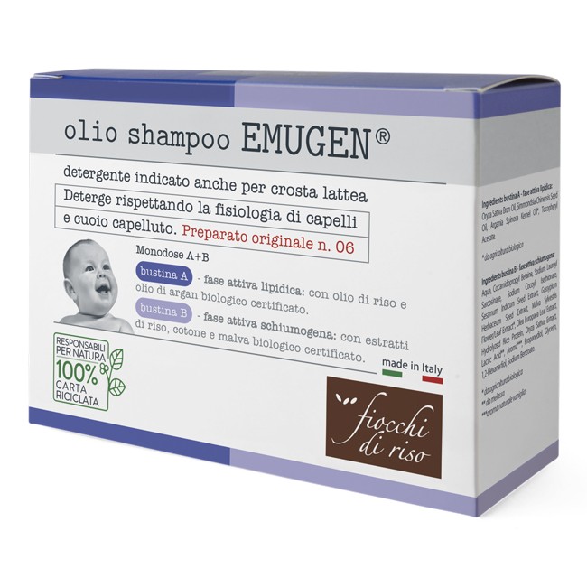 Confezione in bustine monodose di Fiocchi di Riso Emugen Olio Shampoo Confezione in bustine monodose di Fiocchi di Riso Emugen Olio Shampoo