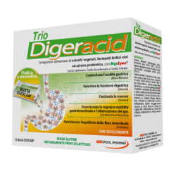 Confezione da 12 bustine di Trio Digeracid, integratore contro l'acidità gastrica.