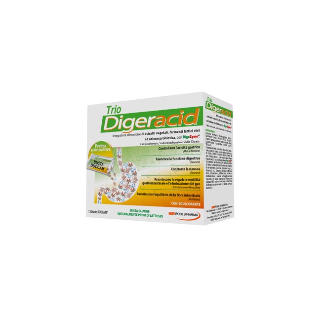 Confezione da 12 bustine di Trio Digeracid, integratore contro l'acidità gastrica. Confezione da 12 bustine di Trio Digeracid, integratore contro l'acidità gastrica.