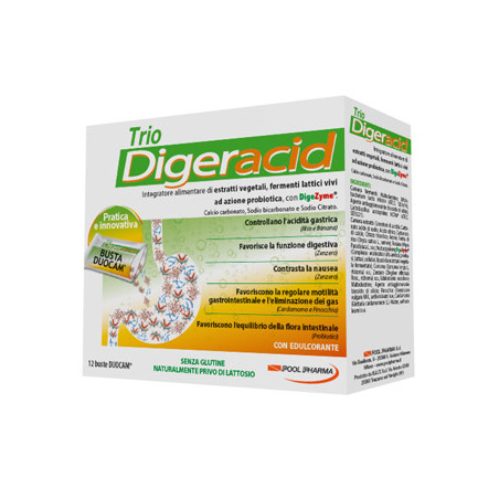 Confezione da 12 bustine di Trio Digeracid, integratore contro l'acidità gastrica.