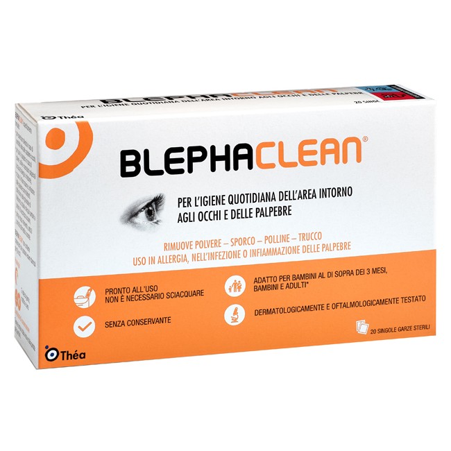 Confezione contenente 20 salviette di Blephaclean, garze per l'igiene quotidiana delle palpebre. Confezione contenente 20 salviette di Blephaclean, garze per l'igiene quotidiana delle palpebre.