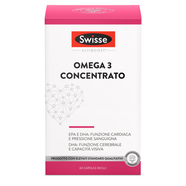Confezione da 60 capsule di Swisse Omega 3 Concentrato, integratore per la funzione cardiocircolatoria. Confezione da 60 capsule di Swisse Omega 3 Concentrato, integratore per la funzione cardiocircolatoria.