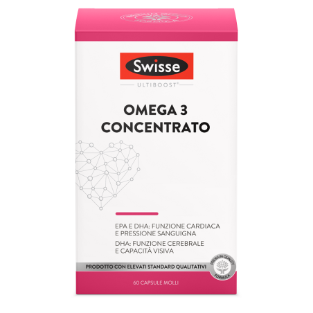 Confezione da 60 capsule di Swisse Omega 3 Concentrato, integratore per la funzione cardiocircolatoria.