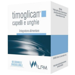 Confezione da 60 granuli orosolubili di Timoglican, integratore per capelli e unghie fragili.