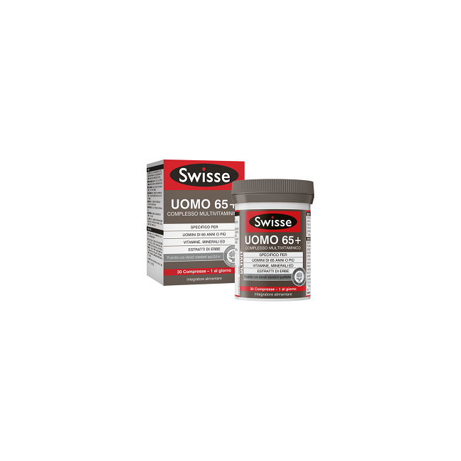 Confezione da 30 compresse di Swiss Uomo 65+, integratore multivitaminico per uomini . Confezione da 30 compresse di Swiss Uomo 65+, integratore multivitaminico per uomini .
