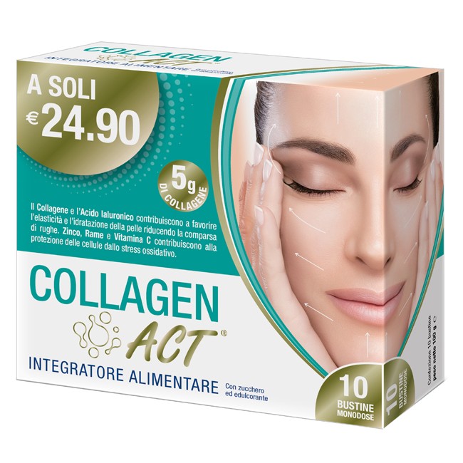 Confezione da 10 bustine di Collagen Act integratore di collagene e acido ialuronico Confezione da 10 bustine di Collagen Act integratore di collagene e acido ialuronico