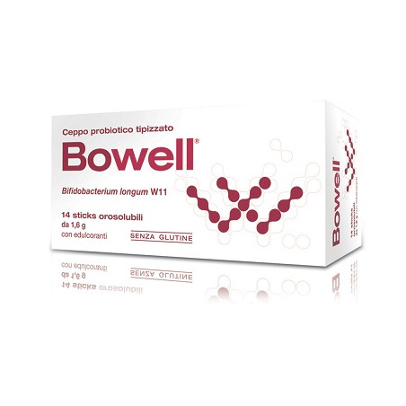 Confezione da 14 bustine di Bowell, integratore per l'equilibrio della flora batterica intestinale.
