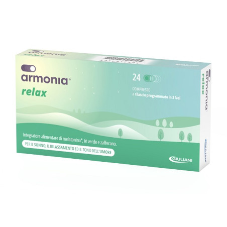 Confezione da 24 compresse di Armonia Relax, integratore che favorisce il sonno e il rilassamento.