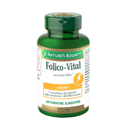 Confezione da 250 tavolette di Folico-Vital, integratore per ridurre stanchezza e affaticamento.