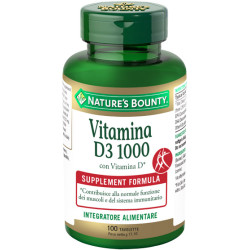 Barattolo da 100 tavolette di Nature's Bounti Vitamina D3 1000, integratore per ossa e sistema immunitario.