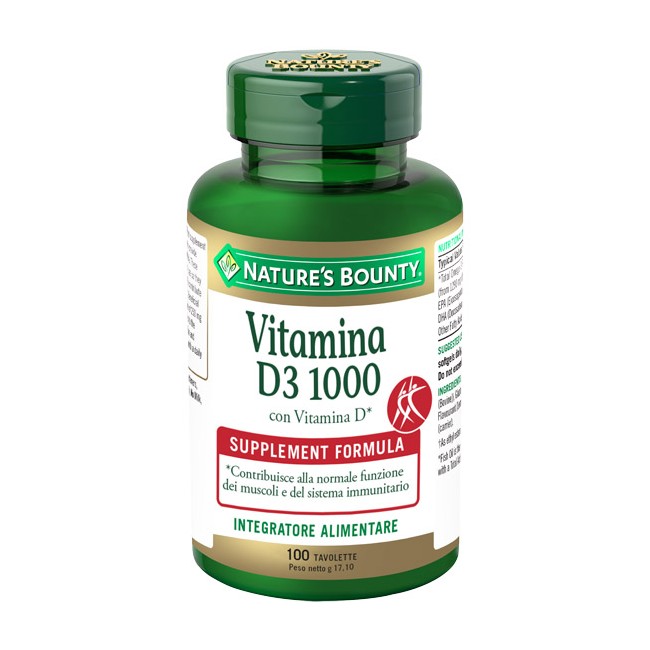Barattolo da 100 tavolette di Nature's Bounti Vitamina D3 1000, integratore per ossa e sistema immunitario. Barattolo da 100 tavolette di Nature's Bounti Vitamina D3 1000, integratore per ossa e sistema immunitario.