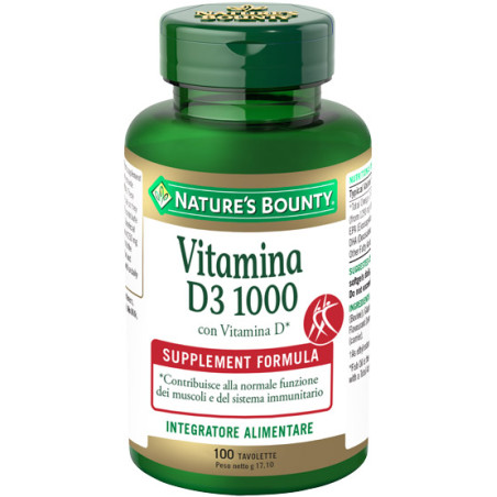 Barattolo da 100 tavolette di Nature's Bounti Vitamina D3 1000, integratore per ossa e sistema immunitario. Barattolo da 100 tavolette di Nature's Bounti Vitamina D3 1000, integratore per ossa e sistema immunitario.