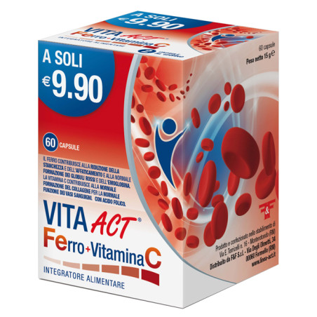 Confezione da 60 capsule di Vita ACT Ferro + Vitamina C, integratore di ferro e vitamina C. Confezione da 60 capsule di Vita ACT Ferro + Vitamina C, integratore di ferro e vitamina C.