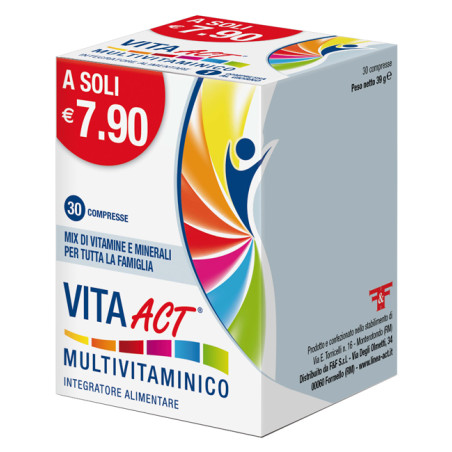Confezione da 30 compresse di Vita ACT Multivitaminico, integratore di vitamine e minerali. Confezione da 30 compresse di Vita ACT Multivitaminico, integratore di vitamine e minerali.