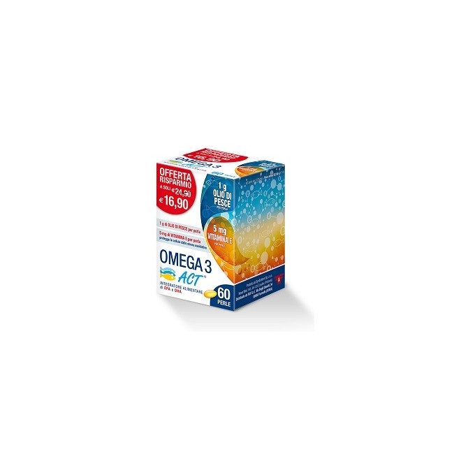 Confezione da 60 perle di Omega 3 Act, integratore per la funzione cardiaca e cerebrale. Confezione da 60 perle di Omega 3 Act, integratore per la funzione cardiaca e cerebrale.