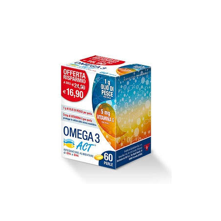Confezione da 60 perle di Omega 3 Act, integratore per la funzione cardiaca e cerebrale.