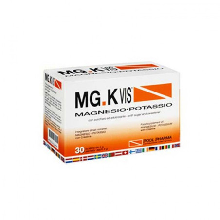 Confezione da 30 bustine di MGK Vis, integratore di magnesio e potassio per la salute muscolare.