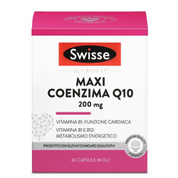 Confezione da 30 capsule di Swisse Maxi Coenzima Q10, integratore per il benessere del cuore.