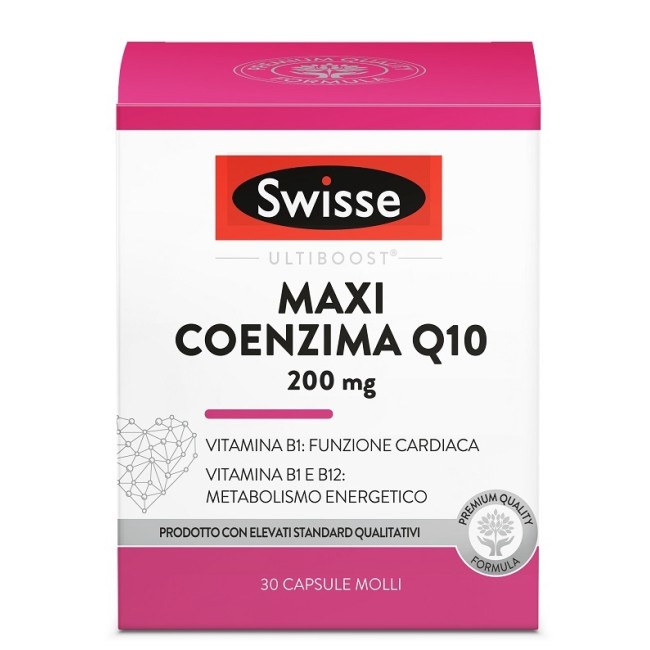 Confezione da 30 capsule di Swisse Maxi Coenzima Q10, integratore per il benessere del cuore. Confezione da 30 capsule di Swisse Maxi Coenzima Q10, integratore per il benessere del cuore.