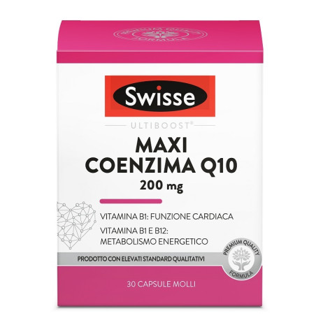 Confezione da 30 capsule di Swisse Maxi Coenzima Q10, integratore per il benessere del cuore.