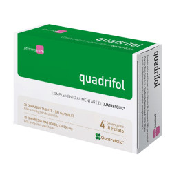 Confezione da 30 compresse di Quadrifol, integratore di acido folico per gravidanza e supporto energetico.