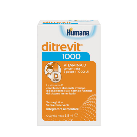 Flacone da 5,5 ml di Ditrevit 1000, integratore di vitamina D per bambini. Flacone da 5,5 ml di Ditrevit 1000, integratore di vitamina D per bambini.